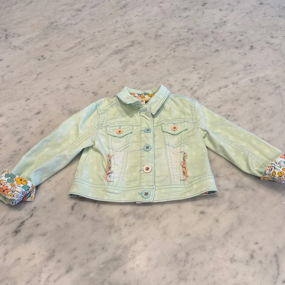 Matilda Jane Mint‎ Green Polka Dot Denim Jacket Floral Trim Girls Size 4